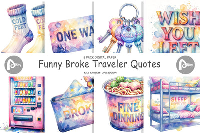 Digital Paper Watercolor Funny Broke Traveler Quotes Digital Pattern artnoy 
