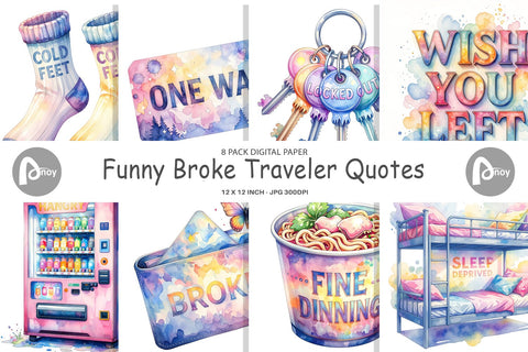 Digital Paper Watercolor Funny Broke Traveler Quotes Digital Pattern artnoy 