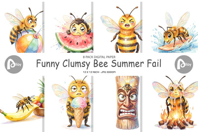 Digital Paper Watercolor Funny Clumsy Bee Summer Fail Digital Pattern artnoy 
