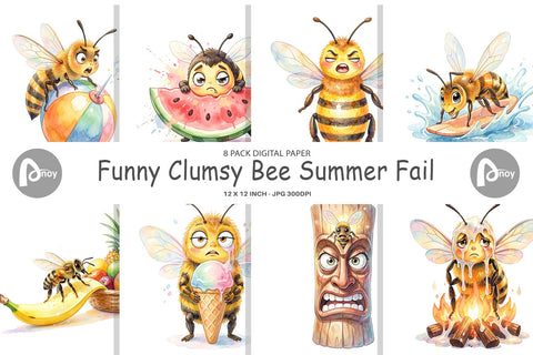 Digital Paper Watercolor Funny Clumsy Bee Summer Fail Digital Pattern artnoy 