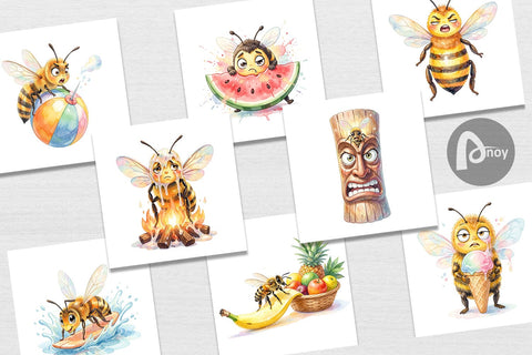 Digital Paper Watercolor Funny Clumsy Bee Summer Fail Digital Pattern artnoy 