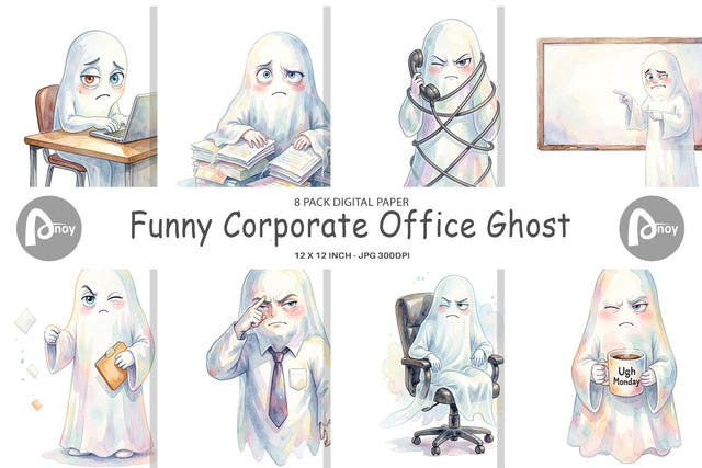 Digital Paper Watercolor Funny Corporate Office Ghost Digital Pattern artnoy 
