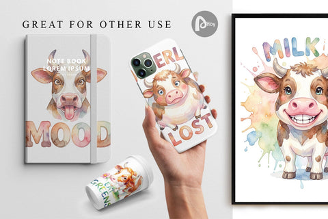 Digital Paper Watercolor Funny Derpy Cow Quotes Digital Pattern artnoy 