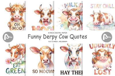 Digital Paper Watercolor Funny Derpy Cow Quotes Digital Pattern artnoy 