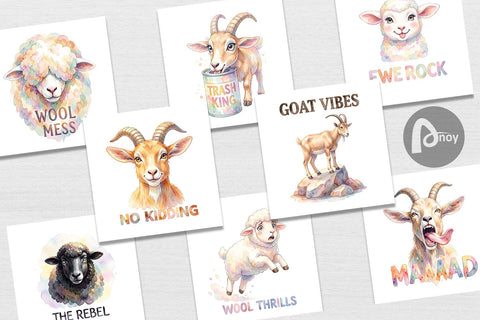 Digital Paper Watercolor Funny Goofy Goat & Sheep Quotes Digital Pattern artnoy 