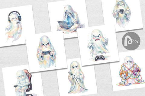 Digital Paper Watercolor Funny Grumpy Gamer Ghost Digital Pattern artnoy 