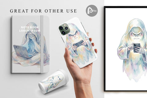 Digital Paper Watercolor Funny Grumpy Gamer Ghost Digital Pattern artnoy 