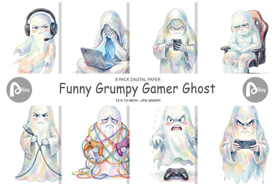 Digital Paper Watercolor Funny Grumpy Gamer Ghost Digital Pattern artnoy 