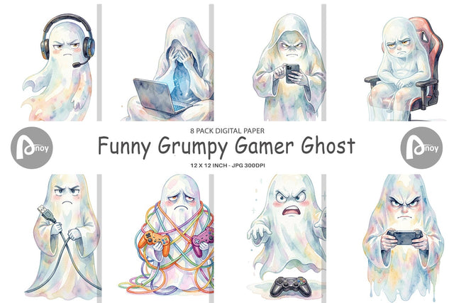 Digital Paper Watercolor Funny Grumpy Gamer Ghost Digital Pattern artnoy 