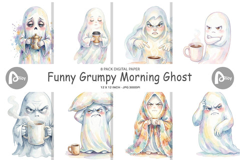 Digital Paper Watercolor Funny Grumpy Morning Ghost Digital Pattern artnoy 