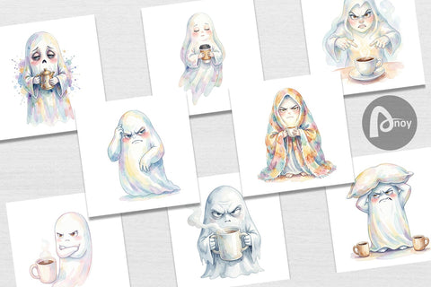 Digital Paper Watercolor Funny Grumpy Morning Ghost Digital Pattern artnoy 