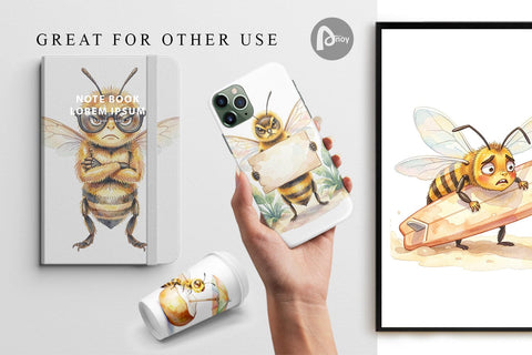 Digital Paper Watercolor Funny Grumpy Tropical Bee Digital Pattern artnoy 