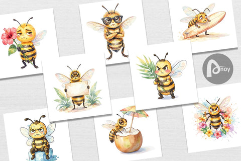Digital Paper Watercolor Funny Grumpy Tropical Bee Digital Pattern artnoy 