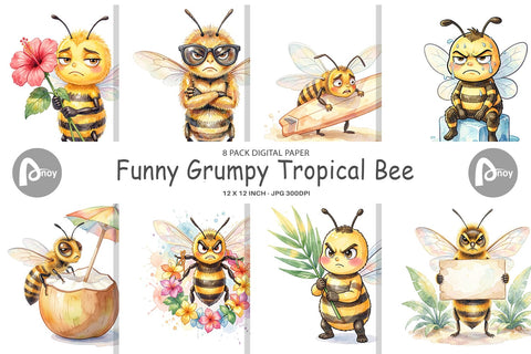 Digital Paper Watercolor Funny Grumpy Tropical Bee Digital Pattern artnoy 