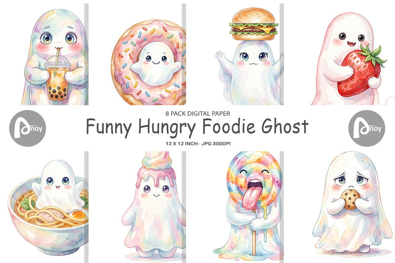 Digital Paper Watercolor Funny Hungry Foodie Ghost Sublimation artnoy 