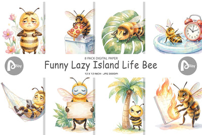 Digital Paper Watercolor Funny Lazy Island Life Bee Digital Pattern artnoy 