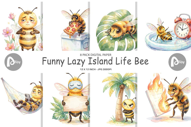 Digital Paper Watercolor Funny Lazy Island Life Bee Digital Pattern artnoy 