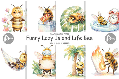 Digital Paper Watercolor Funny Lazy Island Life Bee Digital Pattern artnoy 