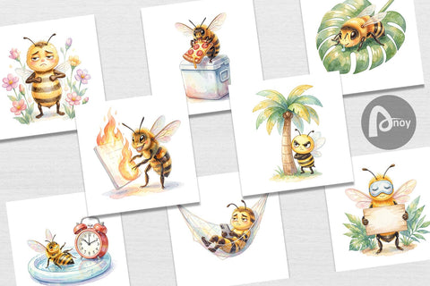 Digital Paper Watercolor Funny Lazy Island Life Bee Digital Pattern artnoy 