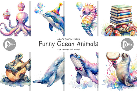 Digital Paper Watercolor Funny Ocean Animals Digital Pattern artnoy 