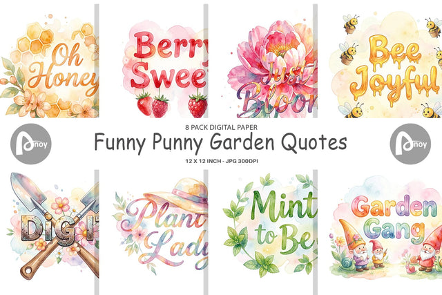 Digital Paper Watercolor Funny Punny Garden Quotes Digital Pattern artnoy 