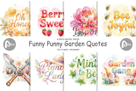 Digital Paper Watercolor Funny Punny Garden Quotes Digital Pattern artnoy 