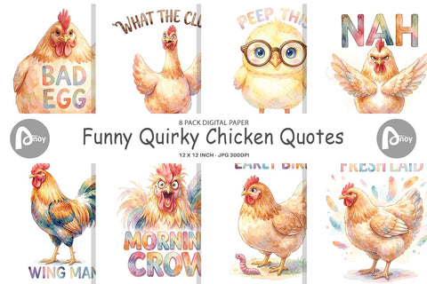 Digital Paper Watercolor Funny Quirky Chicken Quotes Digital Pattern artnoy 