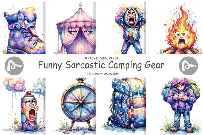 Digital Paper Watercolor Funny Sarcastic Camping Gear Digital Pattern artnoy 