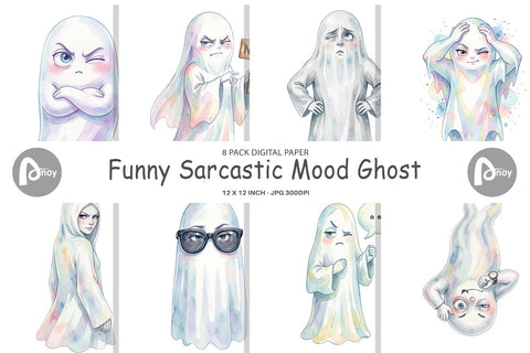 Digital Paper Watercolor Funny Sarcastic Mood Ghost Digital Pattern artnoy 