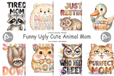 Digital Paper Watercolor Funny Ugly Cute Animal Mom Quotes Digital Pattern artnoy 