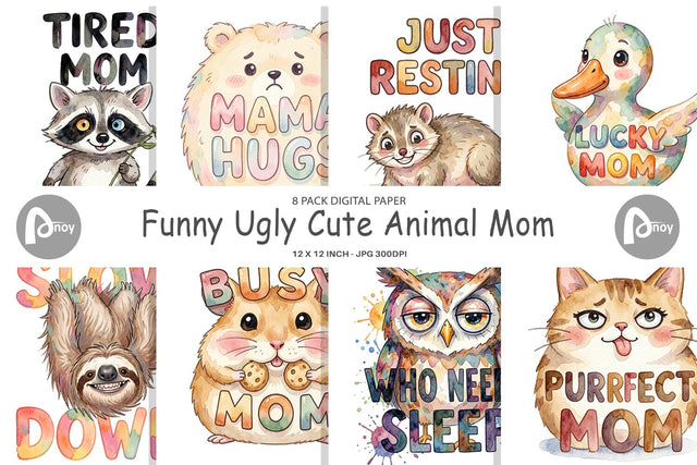 Digital Paper Watercolor Funny Ugly Cute Animal Mom Quotes Digital Pattern artnoy 