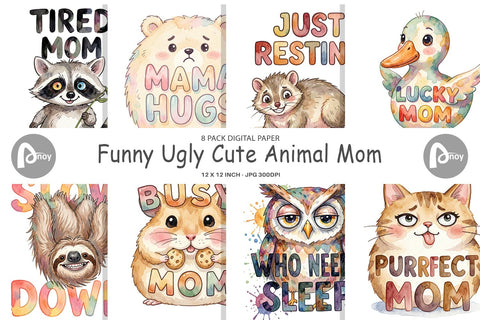 Digital Paper Watercolor Funny Ugly Cute Animal Mom Quotes Digital Pattern artnoy 