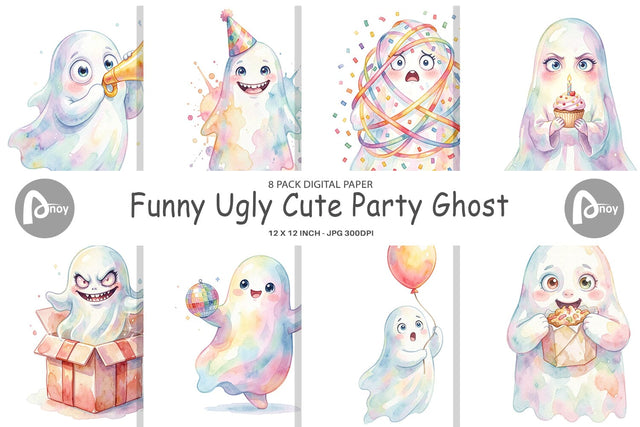 Digital Paper Watercolor Funny Ugly Cute Party Ghost Sublimation artnoy 