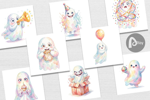 Digital Paper Watercolor Funny Ugly Cute Party Ghost Sublimation artnoy 