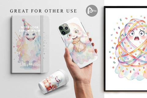 Digital Paper Watercolor Funny Ugly Cute Party Ghost Sublimation artnoy 