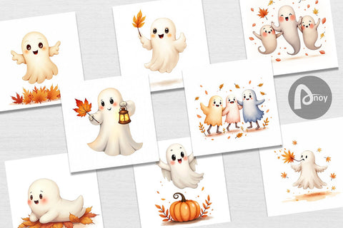 Digital Paper Watercolor Ghost Autumn Leaves Digital Pattern artnoy 