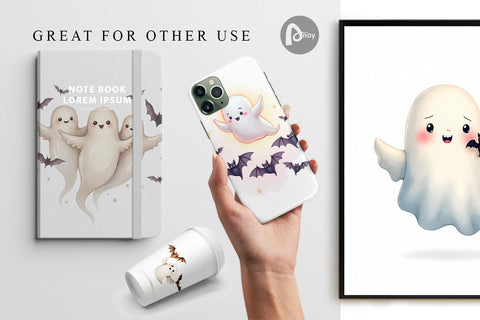 Digital Paper Watercolor Ghost Bat Friends Digital Pattern artnoy 