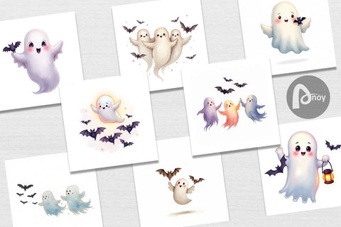 Digital Paper Watercolor Ghost Bat Friends Digital Pattern artnoy 