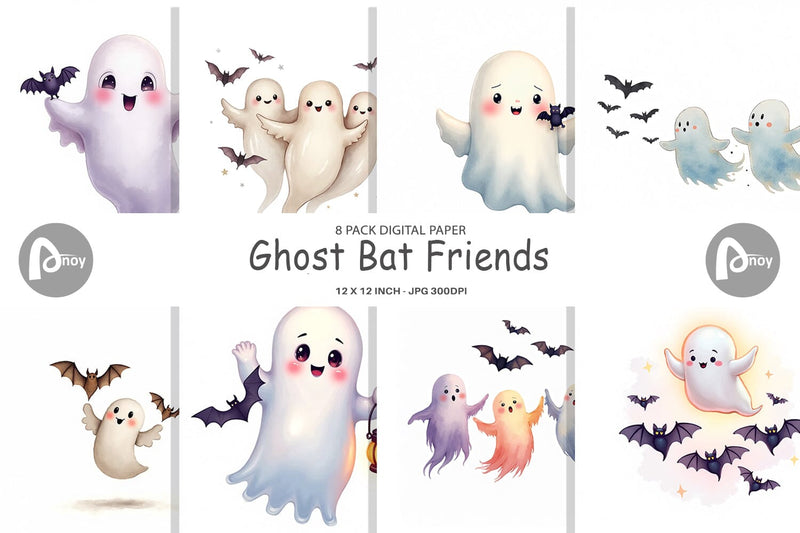 Digital Paper Watercolor Ghost Bat Friends Digital Pattern artnoy 