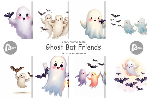 Digital Paper Watercolor Ghost Bat Friends Digital Pattern artnoy 
