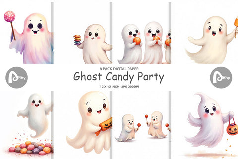 Digital Paper Watercolor Ghost Candy Party Digital Pattern artnoy 