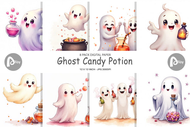 Digital Paper Watercolor Ghost Candy Potion Digital Pattern artnoy 