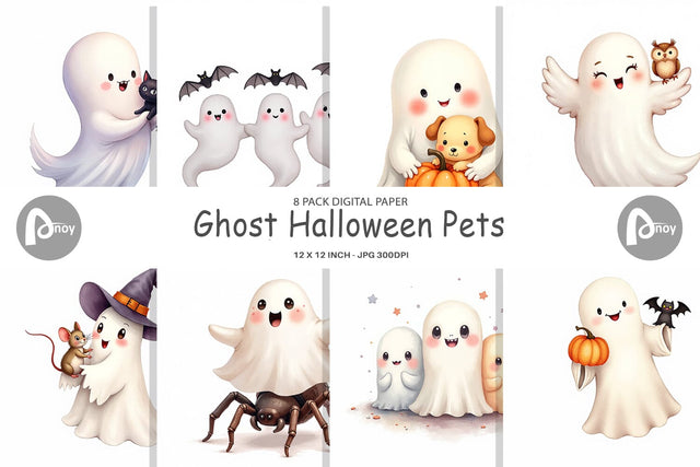 Digital Paper Watercolor Ghost Halloween Pets Digital Pattern artnoy 