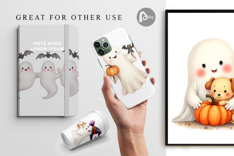 Digital Paper Watercolor Ghost Halloween Pets Digital Pattern artnoy 