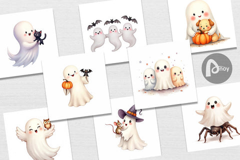 Digital Paper Watercolor Ghost Halloween Pets Digital Pattern artnoy 