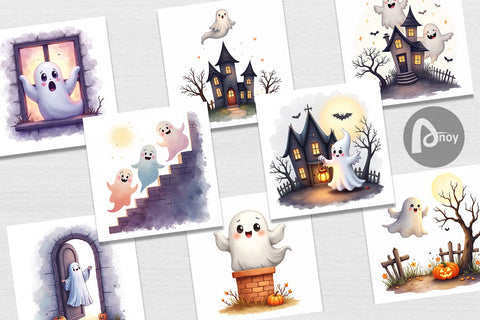 Digital Paper Watercolor Ghost Haunted House Digital Pattern artnoy 