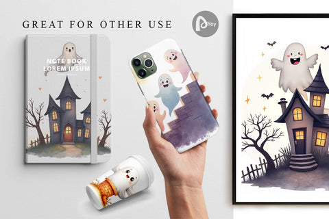 Digital Paper Watercolor Ghost Haunted House Digital Pattern artnoy 