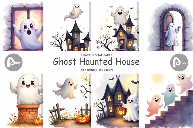 Digital Paper Watercolor Ghost Haunted House Digital Pattern artnoy 