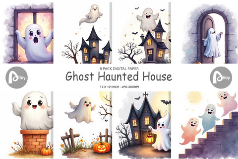 Digital Paper Watercolor Ghost Haunted House Digital Pattern artnoy 
