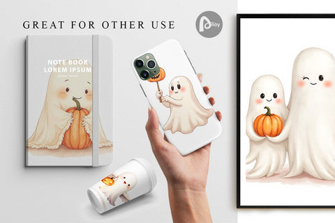 Digital Paper Watercolor Ghost Pumpkin Friends Digital Pattern artnoy 